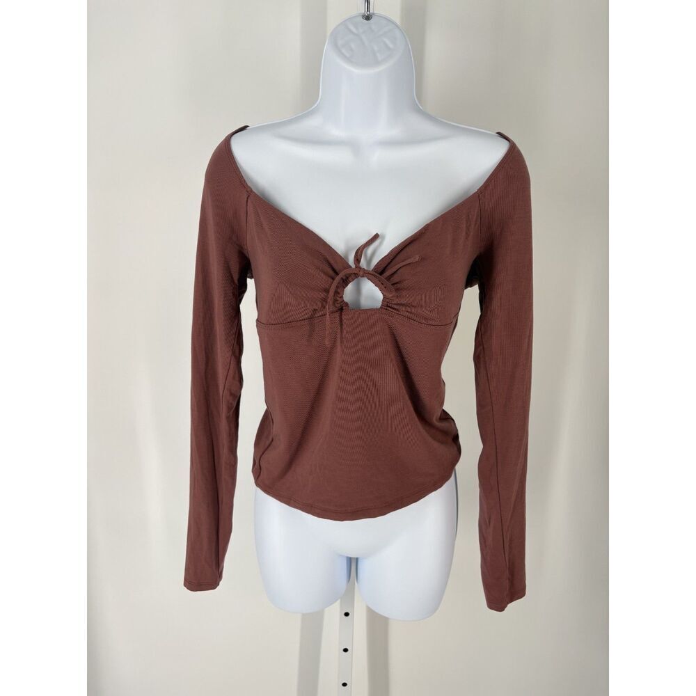 Brown Ribbed Knit Cutout Tie-Front Long Sleeve Top